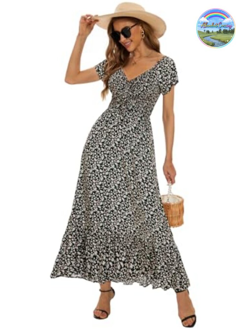 Smocked Floral Maxi Dress Rayon A-Line Tiered Boho Beach Party